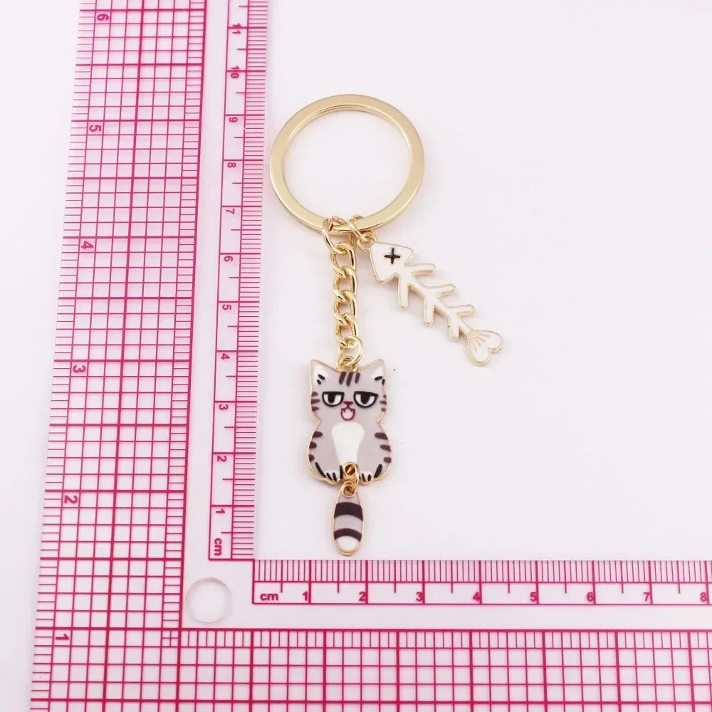 Adorable Cartoon Kitten and Fishbone Ornament Key Chains-Catonomy-Catonomy
