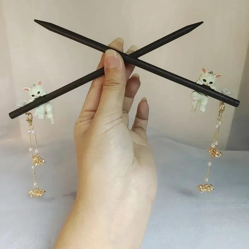 Black Ebony Cute Cat Pendant Vintage Wooden Hair Stick-Catonomy-Catonomy