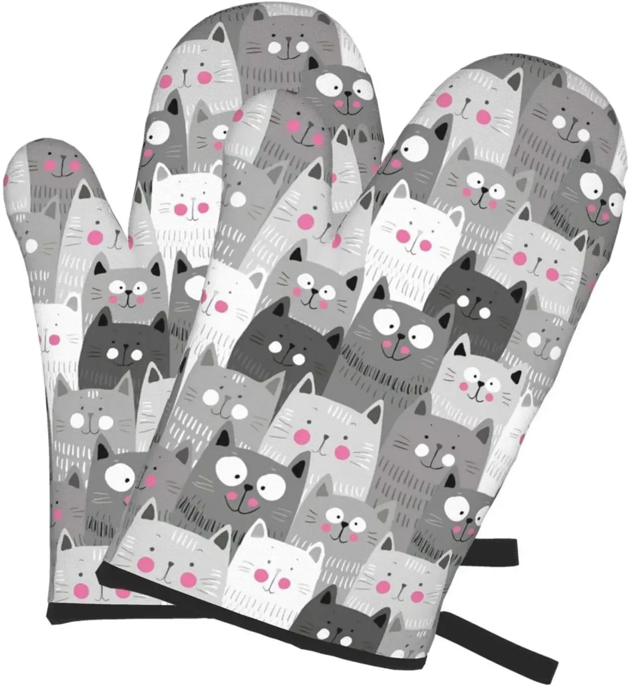 Cats and Dogs Doodle Print Heat Resistant Oven Mitts-Catonomy-Gray Cats-Catonomy