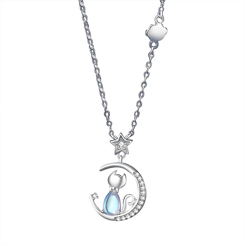 Sparkling 925 Sterling Silver Cat Moon And Star Pendant Necklace-Catonomy-Catonomy