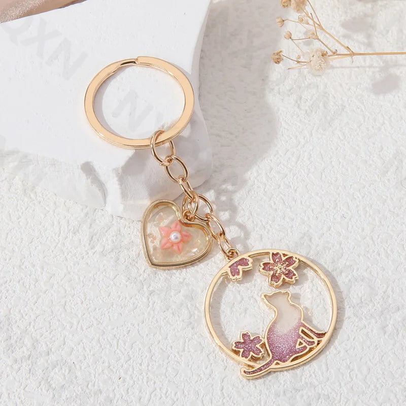 Beautiful Cherry Blossom Cat Keychain-Catonomy-Heart Charm-Catonomy