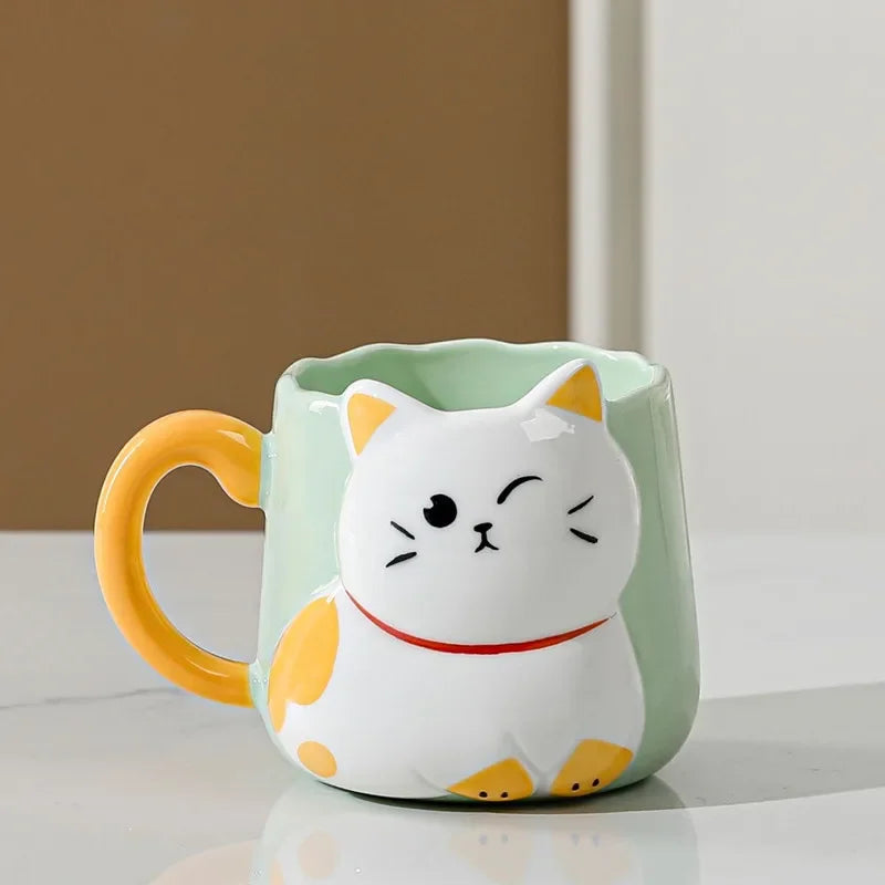 Cartoon 3D Embossed Ceramic Cute Cat Coffee 500 ml Mug-Catonomy-Green-500ml-Catonomy