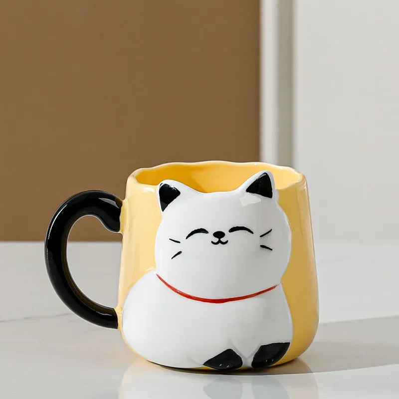 Cartoon 3D Embossed Ceramic Cute Cat Coffee 500 ml Mug-Catonomy-Yellow-500ml-Catonomy