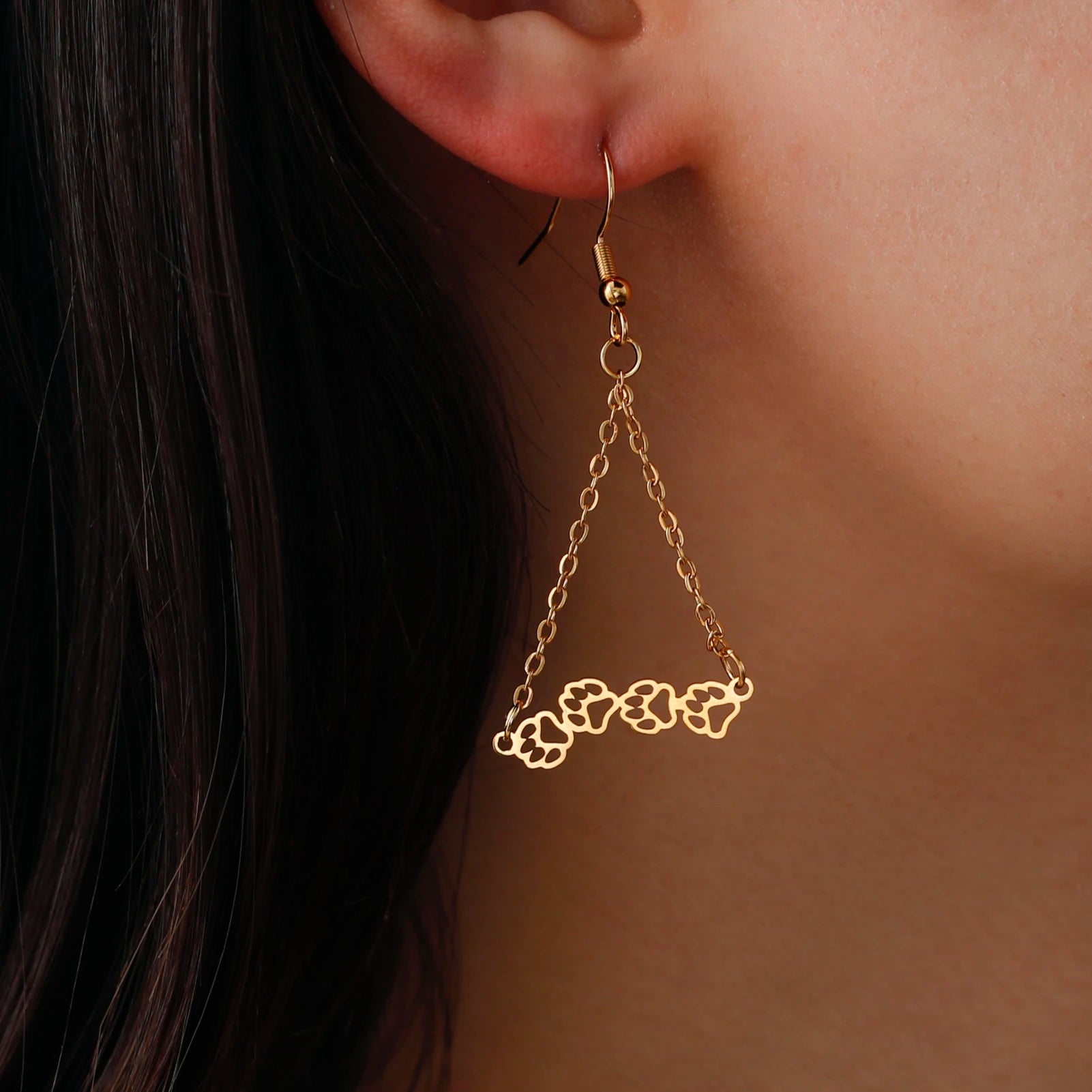 Cat Pawsprint Stainless Steel Earrings-Catonomy-Golden Danglers-Catonomy