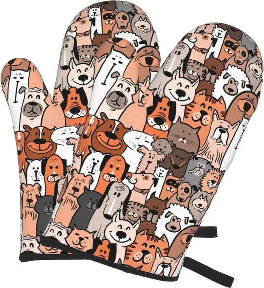 Cats and Dogs Doodle Print Heat Resistant Oven Mitts-Catonomy-Cats & Dogs-Catonomy