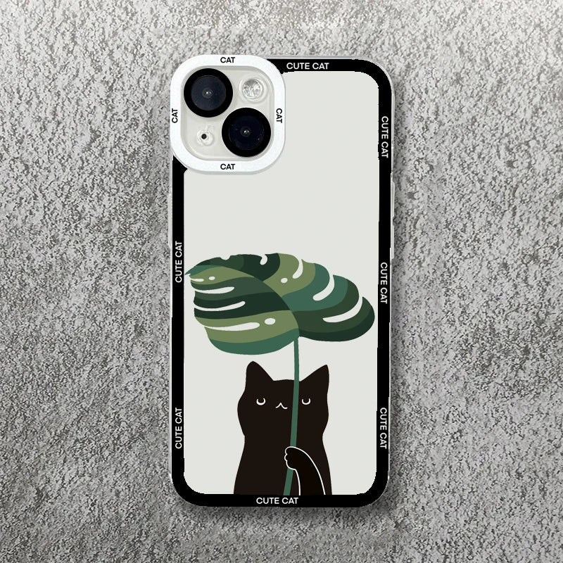 Cute Cartoon Cat iPhone Case-Catonomy-For iPhone 16 Pro Max-Cat Using Leaf Umbrella-Catonomy