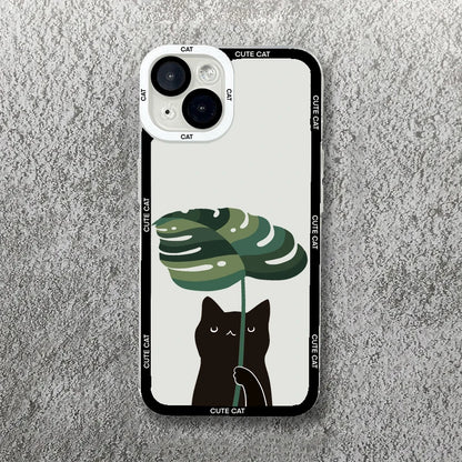 Cute Cartoon Cat iPhone Case-Catonomy-For iPhone 16 Pro Max-Cat Using Leaf Umbrella-Catonomy