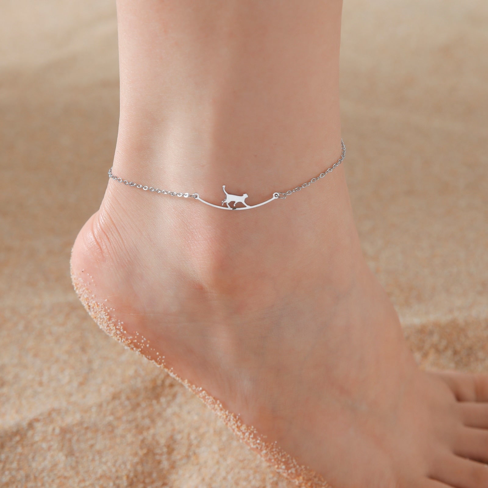 Cute Cat Sparkling Anklet-Catonomy-Cat - Silver-Catonomy