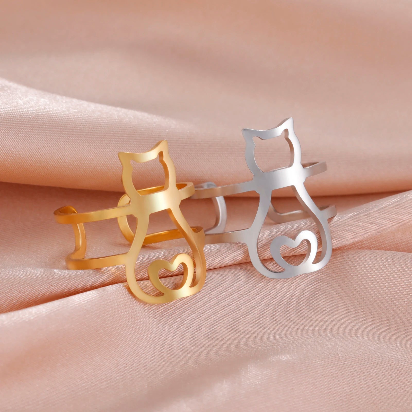Cute Moon Cat And Heart Cat Adjustable Ring-Catonomy-Catonomy