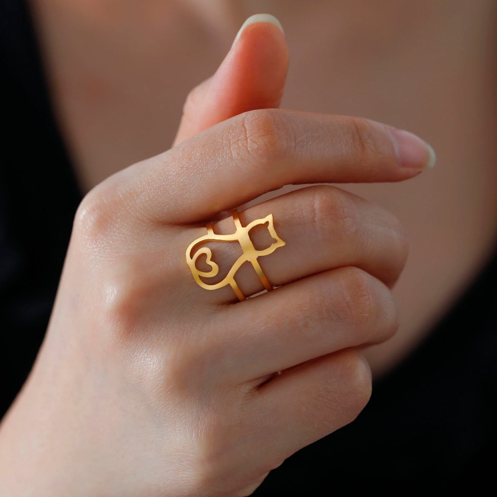 Cute Moon Cat And Heart Cat Adjustable Ring-Catonomy-Heart Style Golden-Resizable-Catonomy