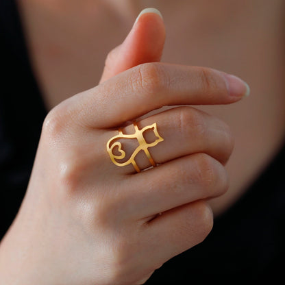 Cute Moon Cat And Heart Cat Adjustable Ring-Catonomy-Heart Style Golden-Resizable-Catonomy