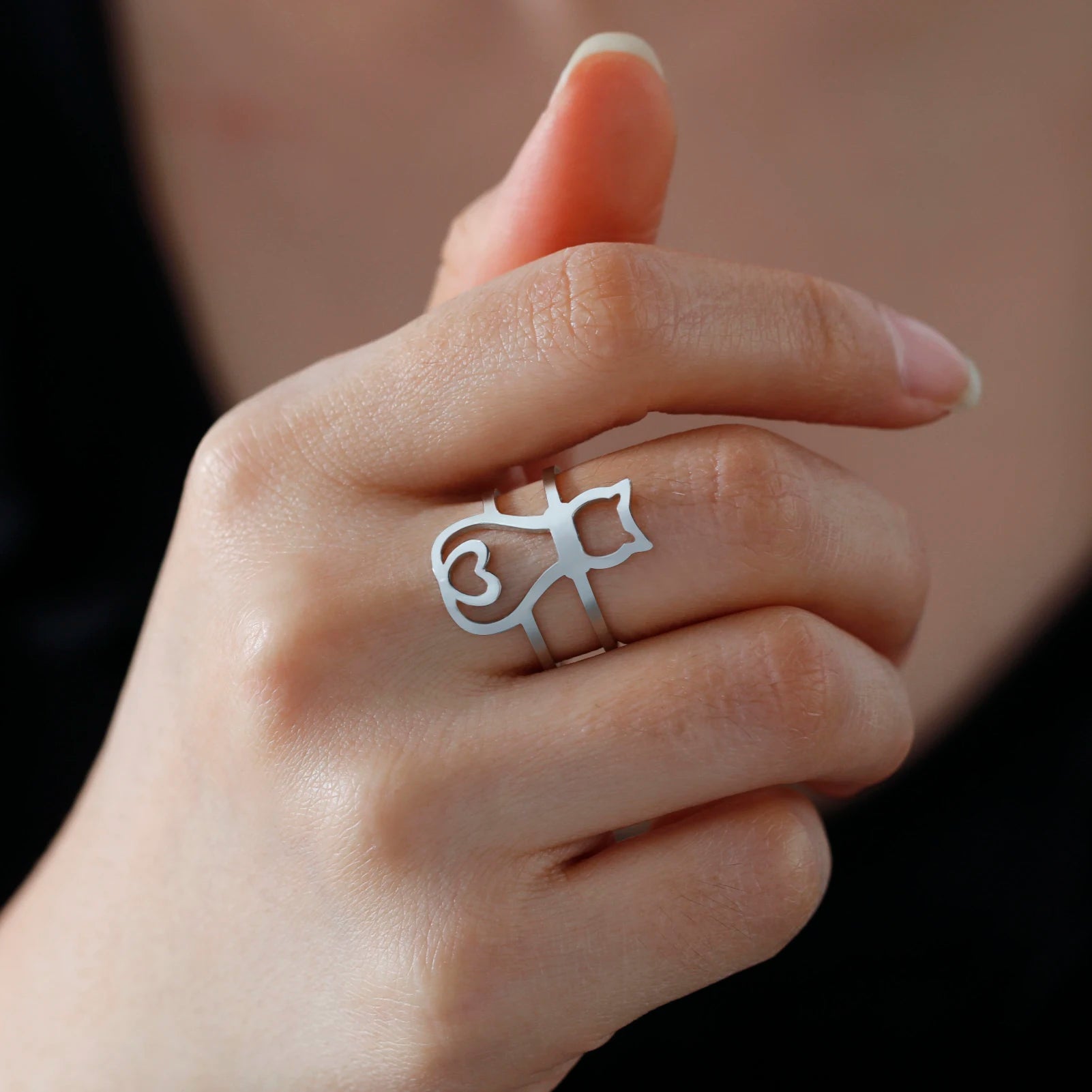 Cute Moon Cat And Heart Cat Adjustable Ring-Catonomy-Heart Style Steel-Resizable-Catonomy