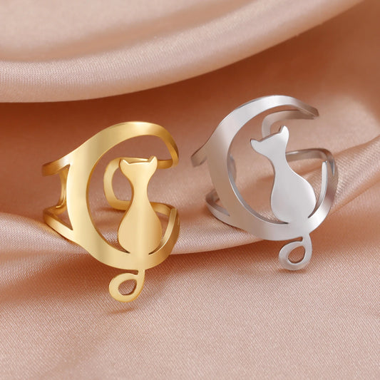 Cute Moon Cat And Heart Cat Adjustable Ring-Catonomy-Catonomy