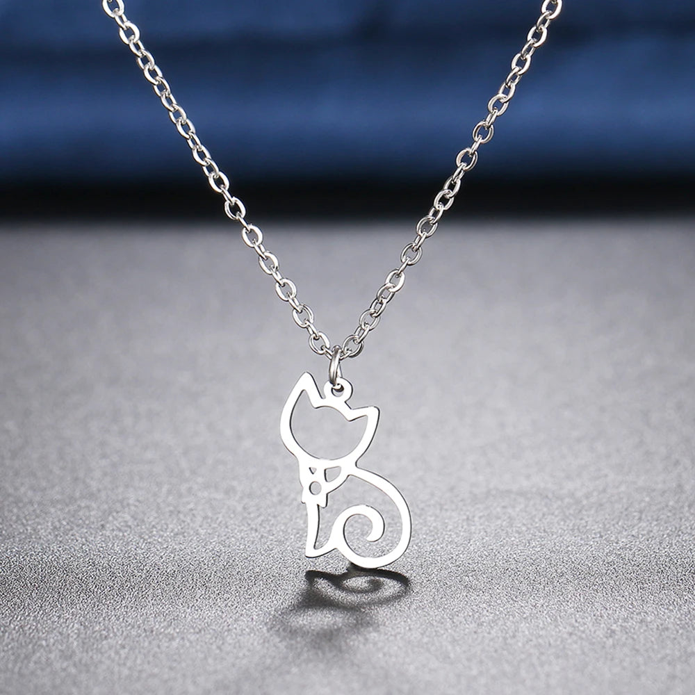Cute Sitting Cat Stainless Steel Choker Necklace-Catonomy-Silver-45 cm-Catonomy