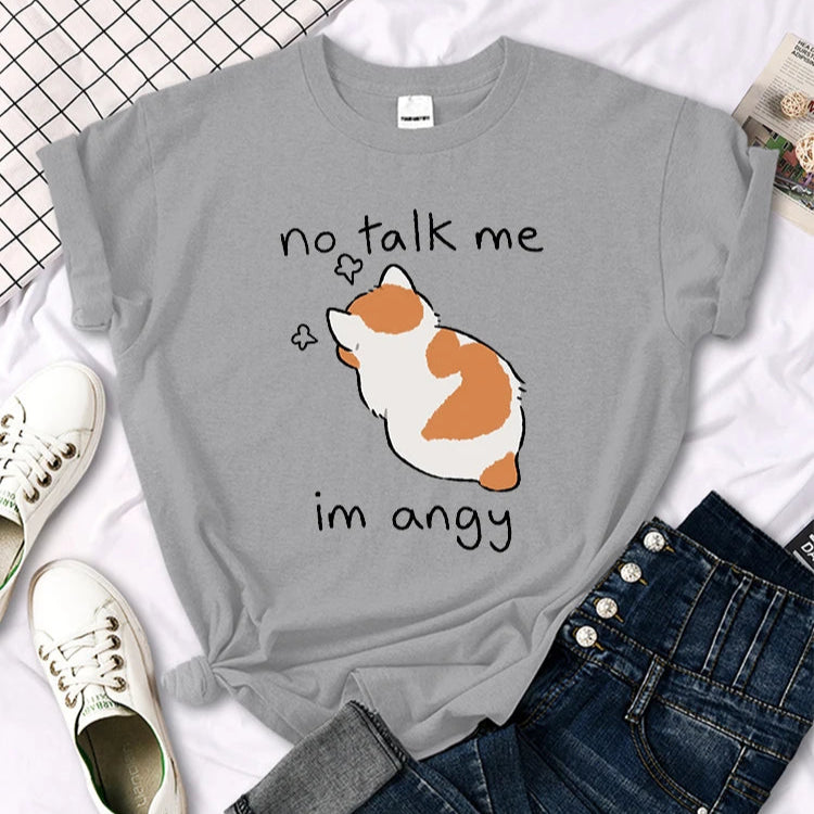 No Talk Me Im Angy Cute Cat Woman T-Shirt-Catonomy-Gray-S-Catonomy