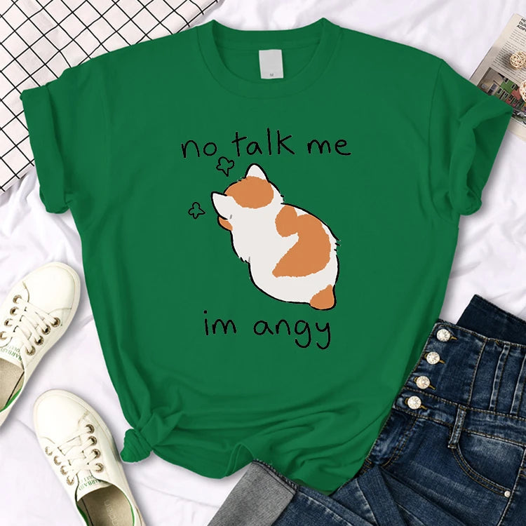 No Talk Me Im Angy Cute Cat Woman T-Shirt-Catonomy-Green-S-Catonomy