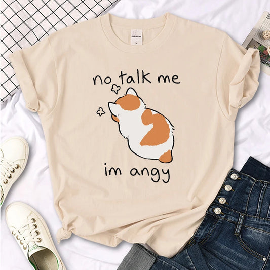 No Talk Me Im Angy Cute Cat Woman T-Shirt-Catonomy-Khaki-S-Catonomy