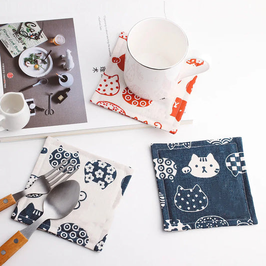 Set of 4 Cartoon Cat Insulation Pad Linen Placemat Coaster-Catonomy-Catonomy