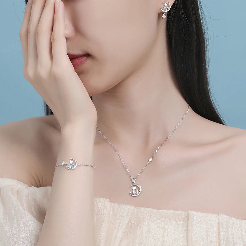 Sparkling 925 Sterling Silver Cat Moon And Star Pendant Necklace-Catonomy-Catonomy