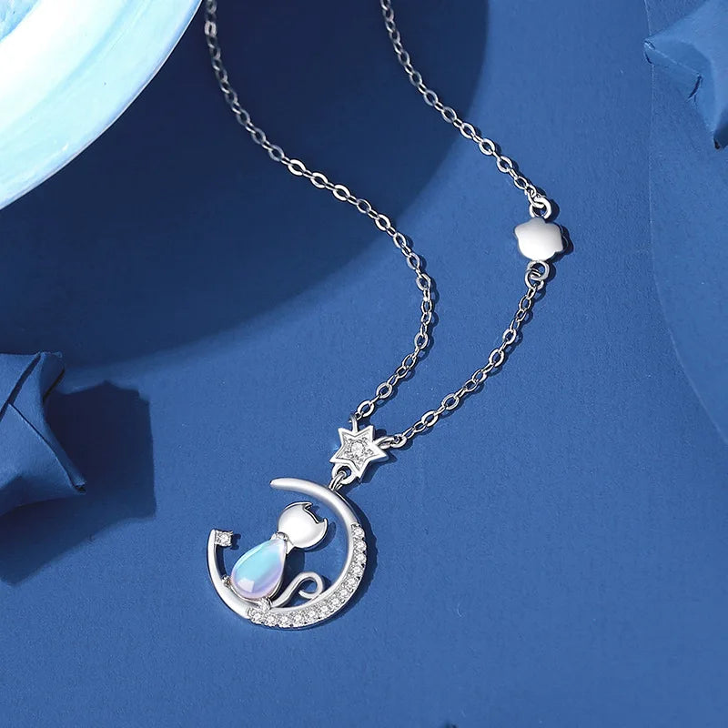 Sparkling 925 Sterling Silver Cat Moon And Star Pendant Necklace-Catonomy-Catonomy