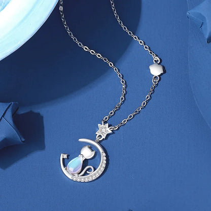 Sparkling 925 Sterling Silver Cat Moon And Star Pendant Necklace-Catonomy-Catonomy