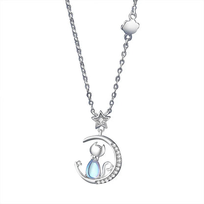 Sparkling 925 Sterling Silver Cat Moon And Star Pendant Necklace-Catonomy-Catonomy