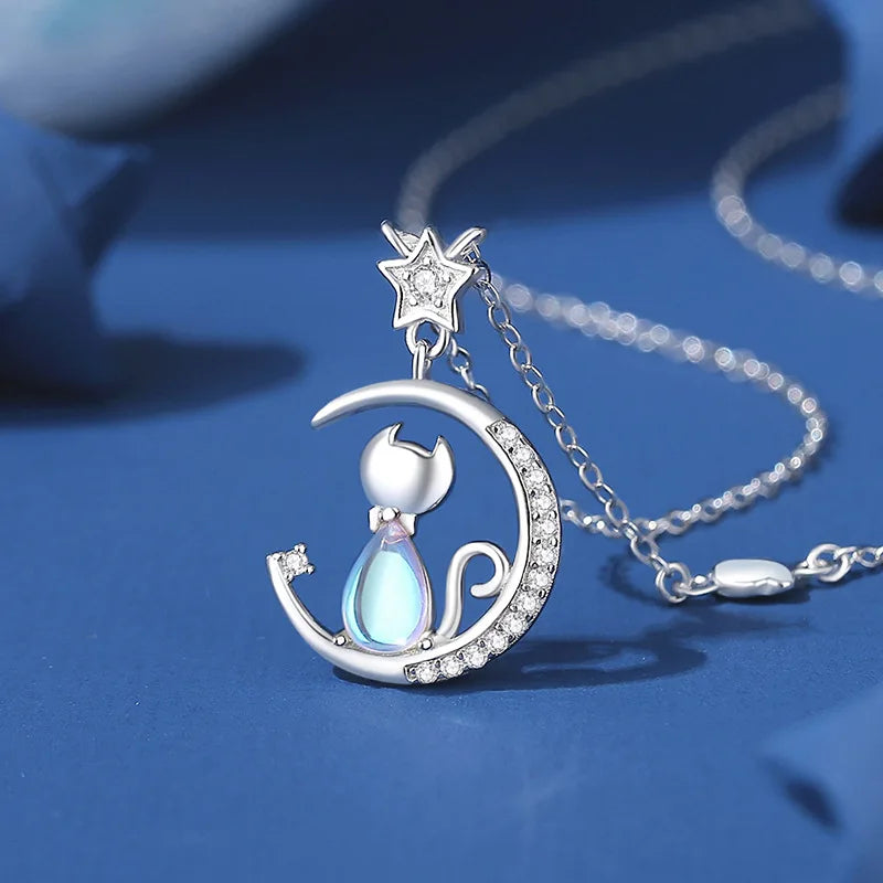 Sparkling 925 Sterling Silver Cat Moon And Star Pendant Necklace-Catonomy-Catonomy
