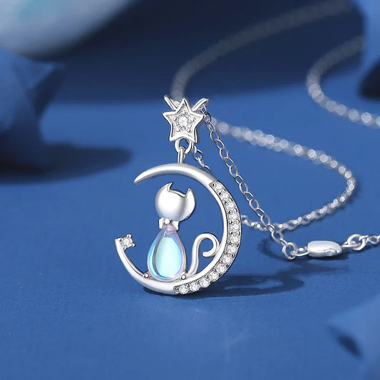 Sparkling 925 Sterling Silver Cat Moon And Star Pendant Necklace-Catonomy-Catonomy