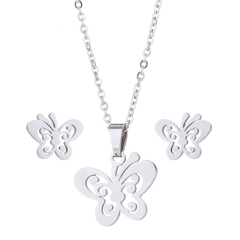 Stainless Steel Earrings and Necklace Set-Catonomy-Butterfly - Silver-Catonomy