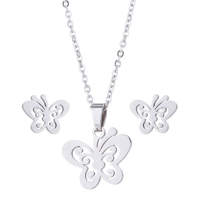 Stainless Steel Earrings and Necklace Set-Catonomy-Butterfly - Silver-Catonomy