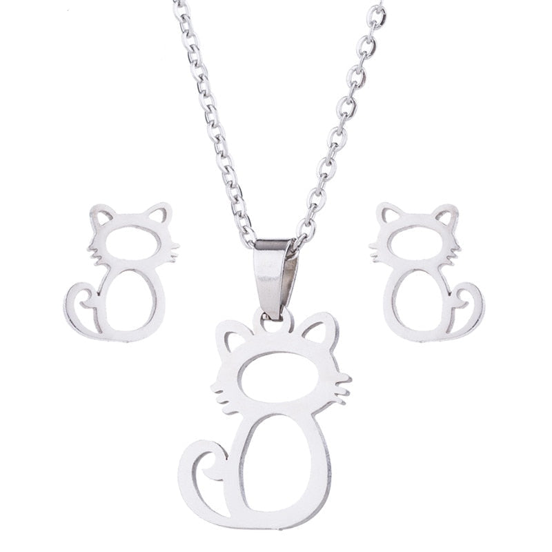 Stainless Steel Earrings and Necklace Set-Catonomy-Cat 1 - Silver-Catonomy