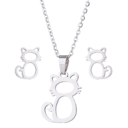Stainless Steel Earrings and Necklace Set-Catonomy-Cat 1 - Silver-Catonomy