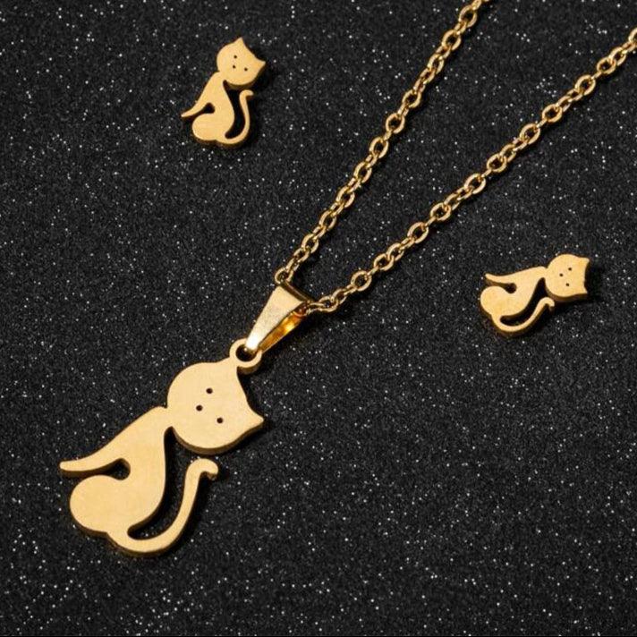 Stainless Steel Earrings and Necklace Set-Catonomy-Cat 2 - Gold-Catonomy