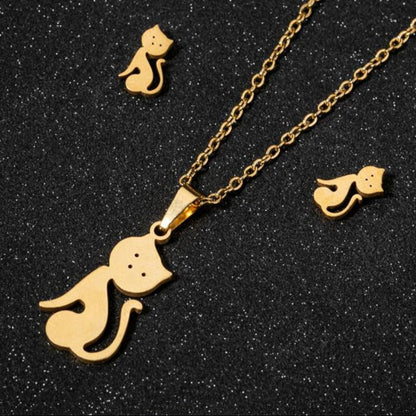 Stainless Steel Earrings and Necklace Set-Catonomy-Cat 2 - Gold-Catonomy