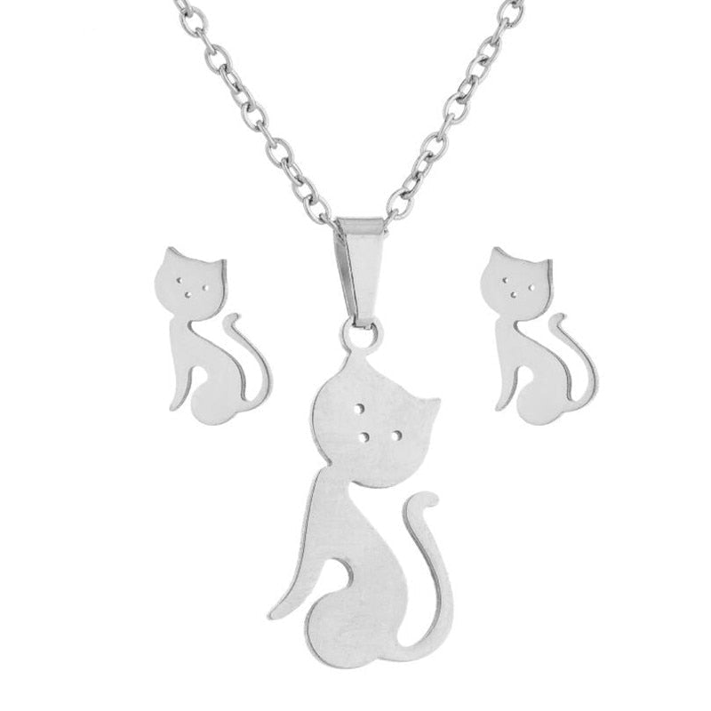 Stainless Steel Earrings and Necklace Set-Catonomy-Cat 2 - Silver-Catonomy