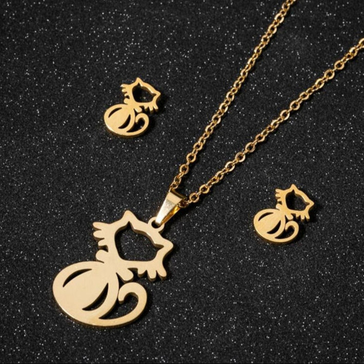Stainless Steel Earrings and Necklace Set-Catonomy-Cat 3 - Gold-Catonomy
