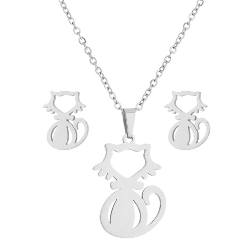 Stainless Steel Earrings and Necklace Set-Catonomy-Cat 3 - Silver-Catonomy