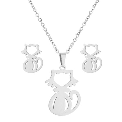 Stainless Steel Earrings and Necklace Set-Catonomy-Cat 3 - Silver-Catonomy