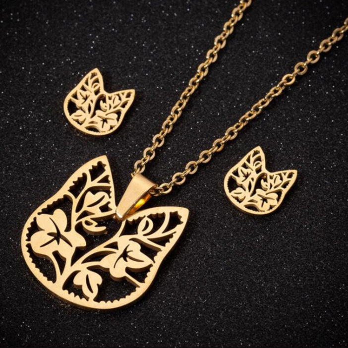 Stainless Steel Earrings and Necklace Set-Catonomy-Cat Leaves - Gold-Catonomy