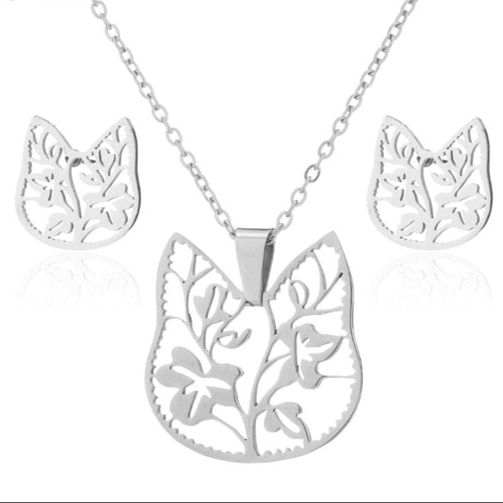 Stainless Steel Earrings and Necklace Set-Catonomy-Cat Leaves - Silver-Catonomy