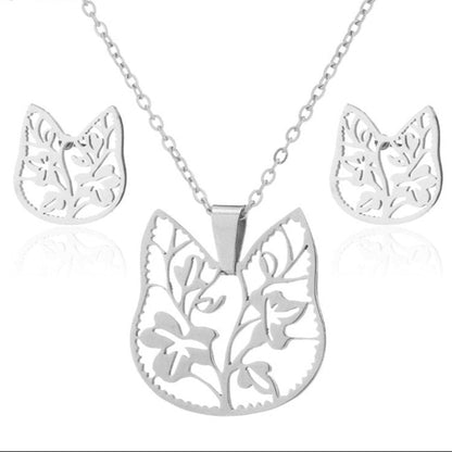 Stainless Steel Earrings and Necklace Set-Catonomy-Cat Leaves - Silver-Catonomy