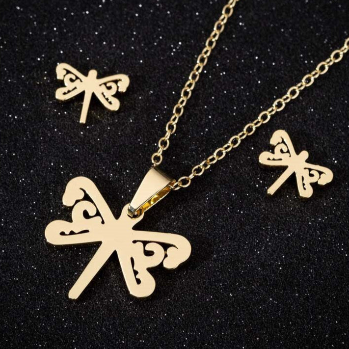 Stainless Steel Earrings and Necklace Set-Catonomy-Dragonfly - Gold-Catonomy