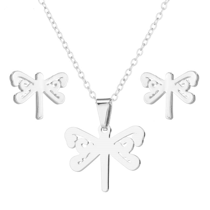 Stainless Steel Earrings and Necklace Set-Catonomy-Dragonfly - Silver-Catonomy