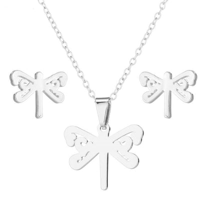 Stainless Steel Earrings and Necklace Set-Catonomy-Dragonfly - Silver-Catonomy