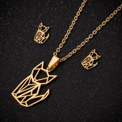 Stainless Steel Earrings and Necklace Set-Catonomy-Geometric Cat - Gold-Catonomy