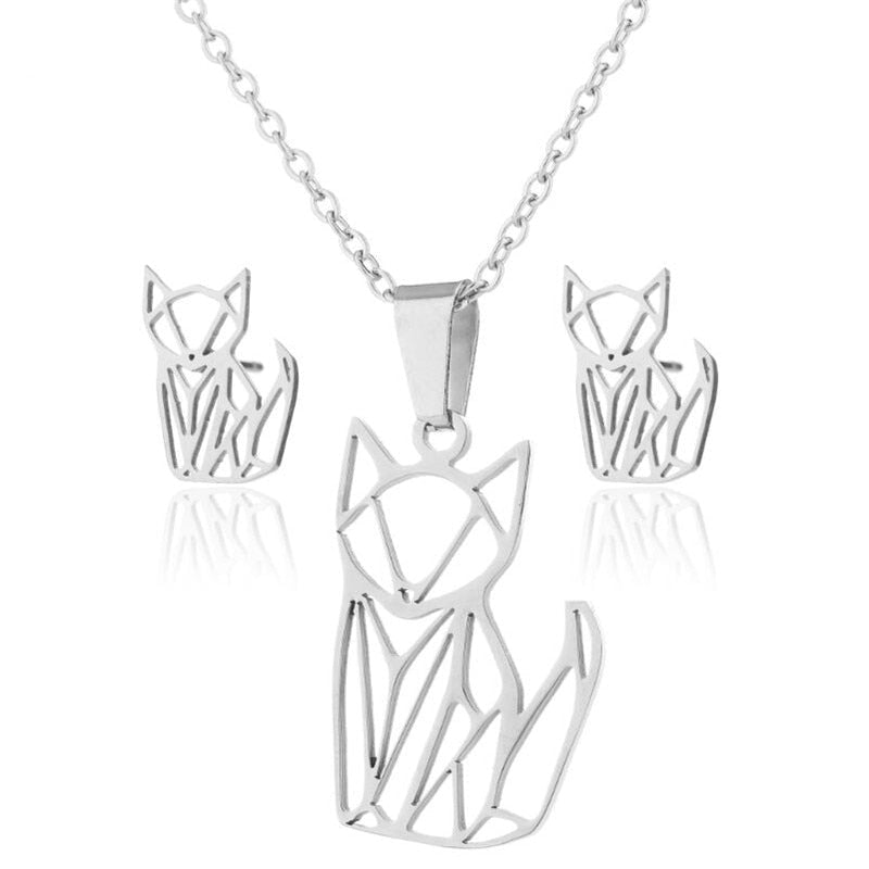 Stainless Steel Earrings and Necklace Set-Catonomy-Geometric Cat - Silver-Catonomy