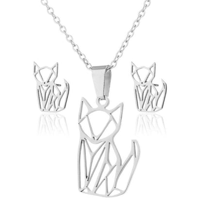 Stainless Steel Earrings and Necklace Set-Catonomy-Geometric Cat - Silver-Catonomy