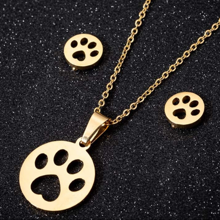 Stainless Steel Earrings and Necklace Set-Catonomy-Paw - Gold-Catonomy