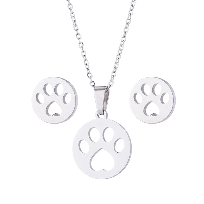 Stainless Steel Earrings and Necklace Set-Catonomy-Paw - Silver-Catonomy