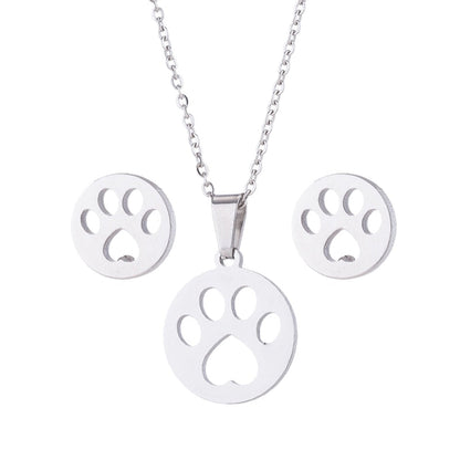 Stainless Steel Earrings and Necklace Set-Catonomy-Paw - Silver-Catonomy